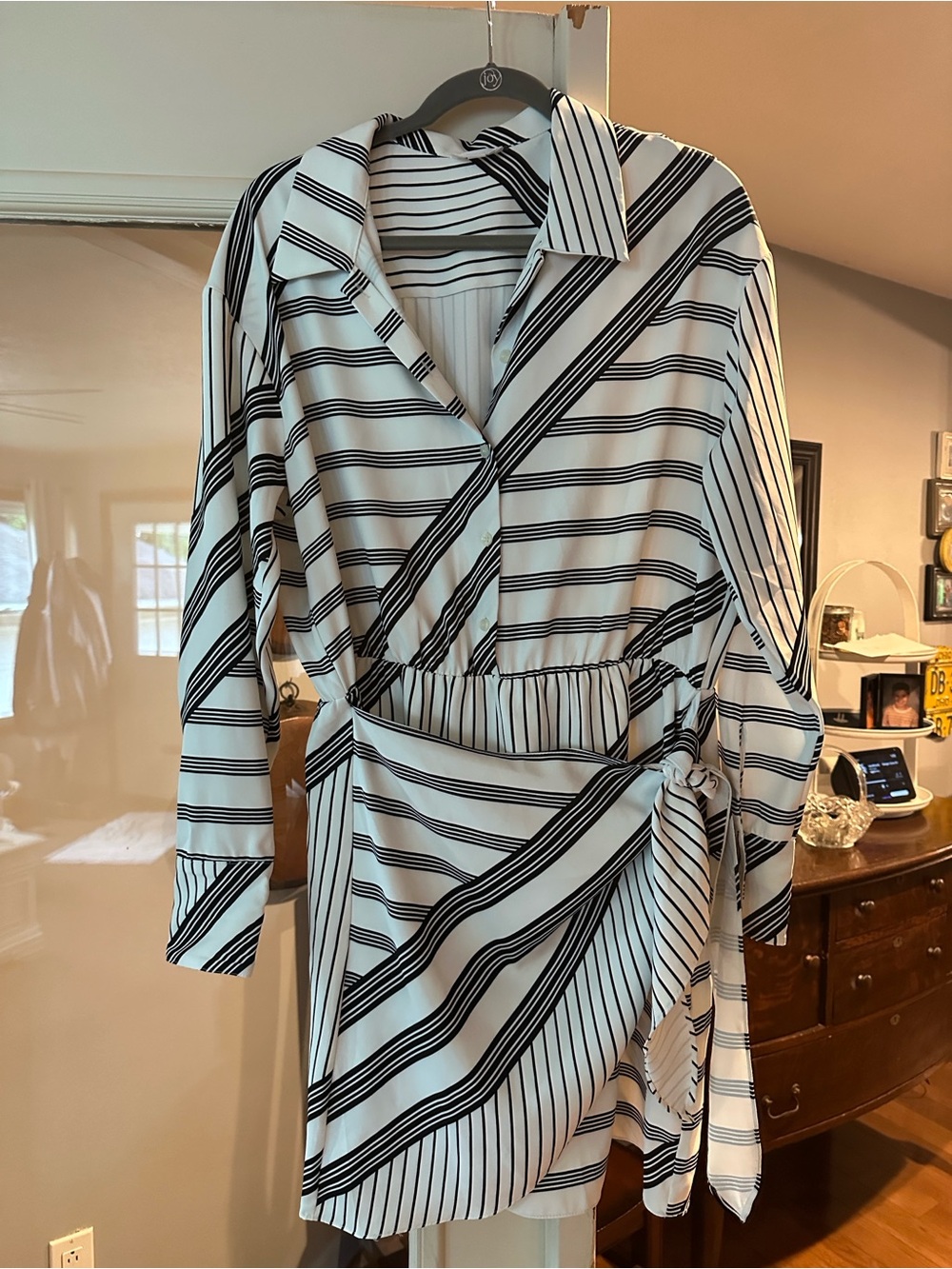 Striped Black and White Faux Wrap Shirt Dress